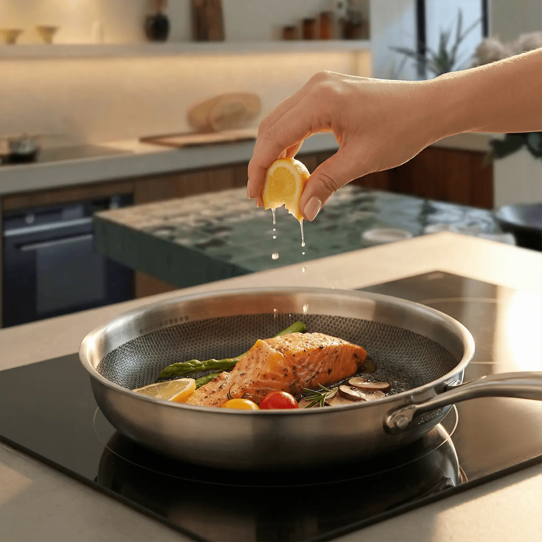 Aigrezzo titanium frying pan cooking salmon on a modern induction cooktop, lightweight non-toxic titanium cookware for healthy everyday cooking