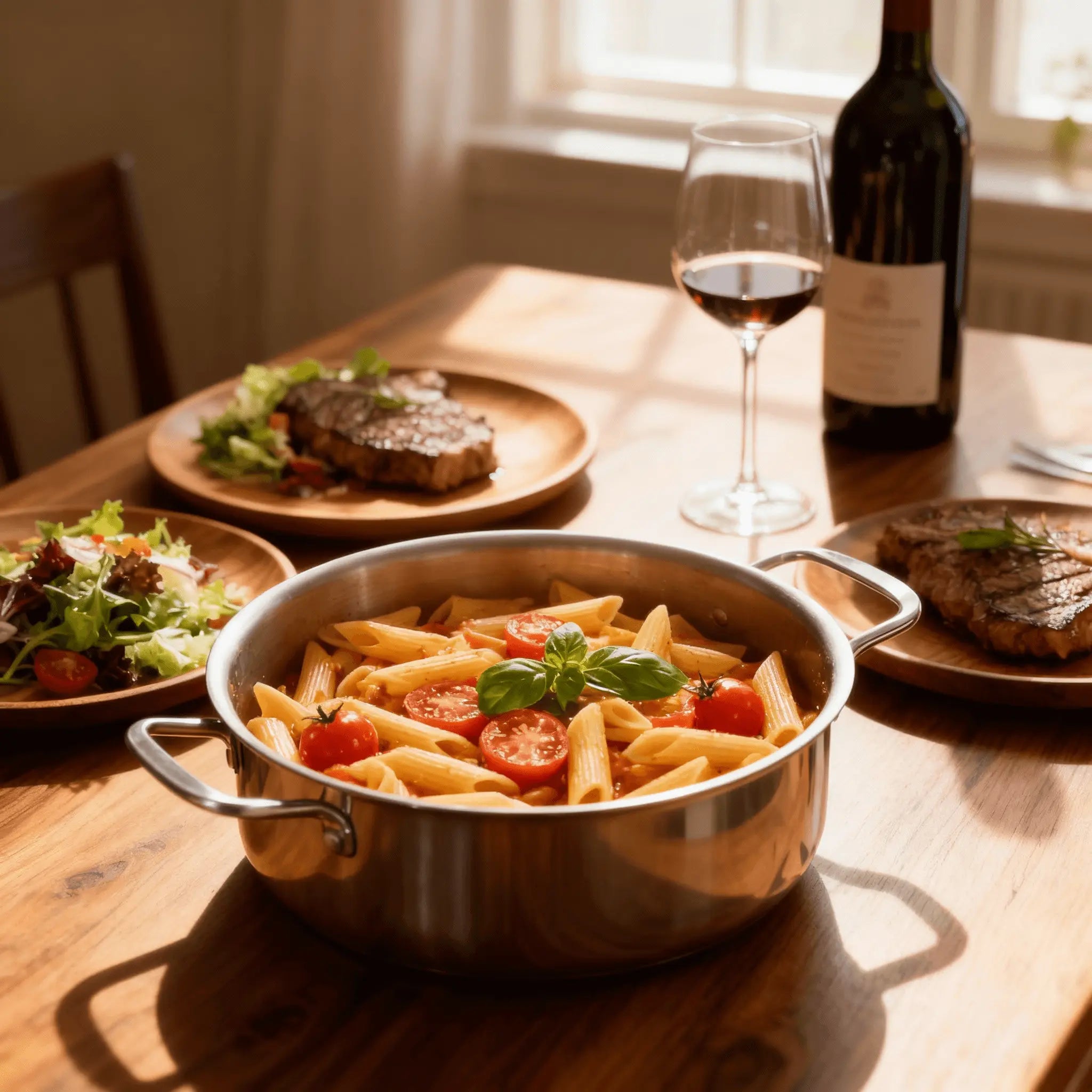 Aigrezzo Titanium low pot serving pasta on a wooden dining table, elegant cookware for home and outdoor meals with non-toxic design.