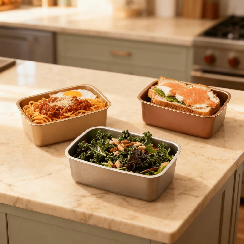 Three aigrezzo titanium lunch boxes with salads, sandwich, and pasta on a marble kitchen counter, showcasing non-toxic and antibacterial design