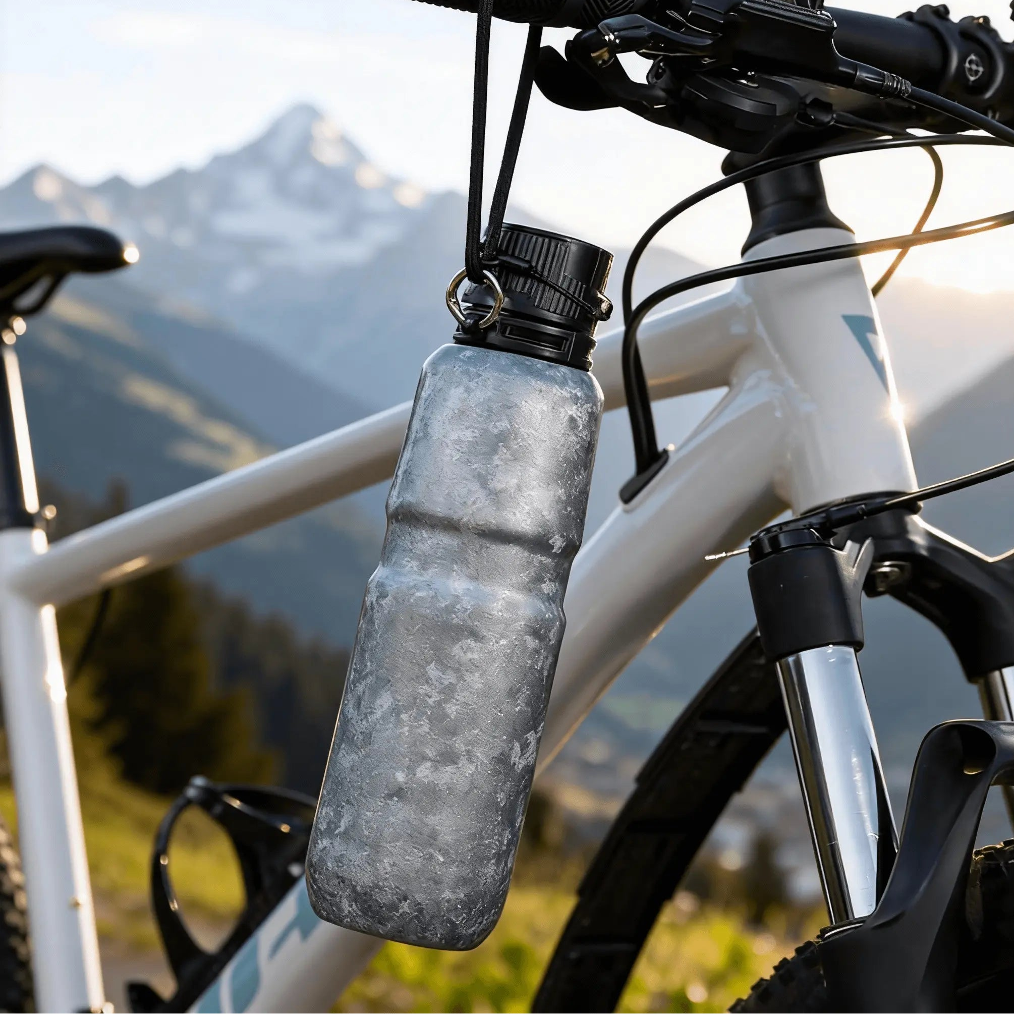 Aigrezzo titanium magnetic insulated bottle attached to a bicycle during outdoor travel, lightweight titanium bottle for everyday hydration