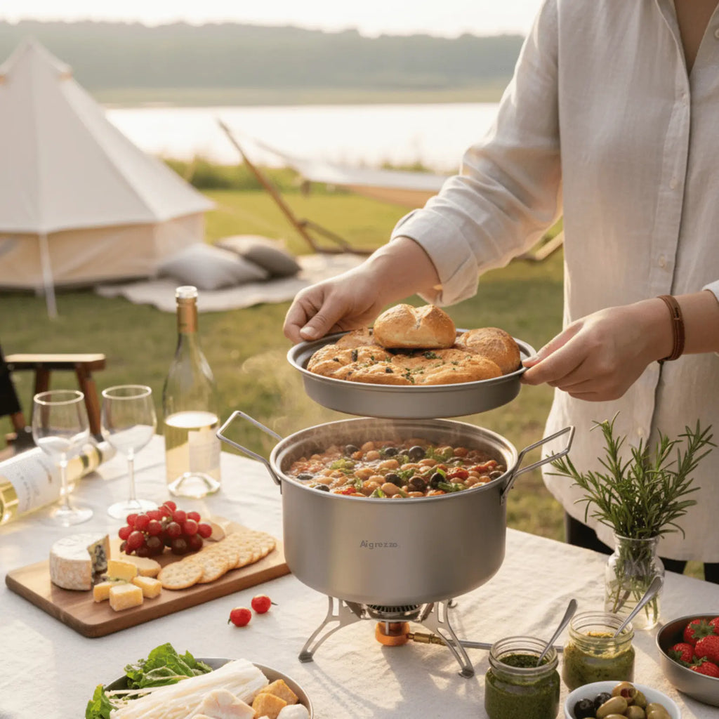 Aigrezzo titanium outdoor steamer pot cooking a warm meal at a campsite, lightweight titanium cookware used for steaming bread and simmering stew