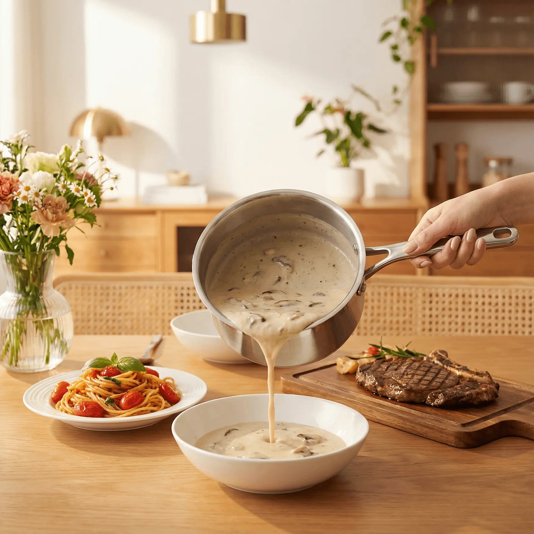 A person pouring creamy sauce from aigrezzo titanium sauce pan into a bowl at a modern dining table, durable and non-toxic cookware