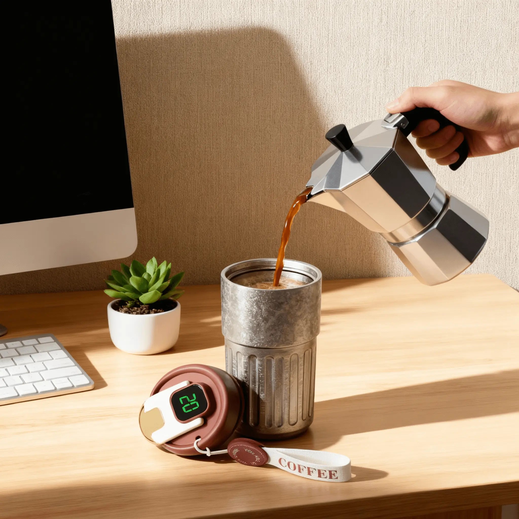 Aigrezzo titanium smart insulated coffee mug on a desk while pouring coffee, premium titanium mug designed for temperature control