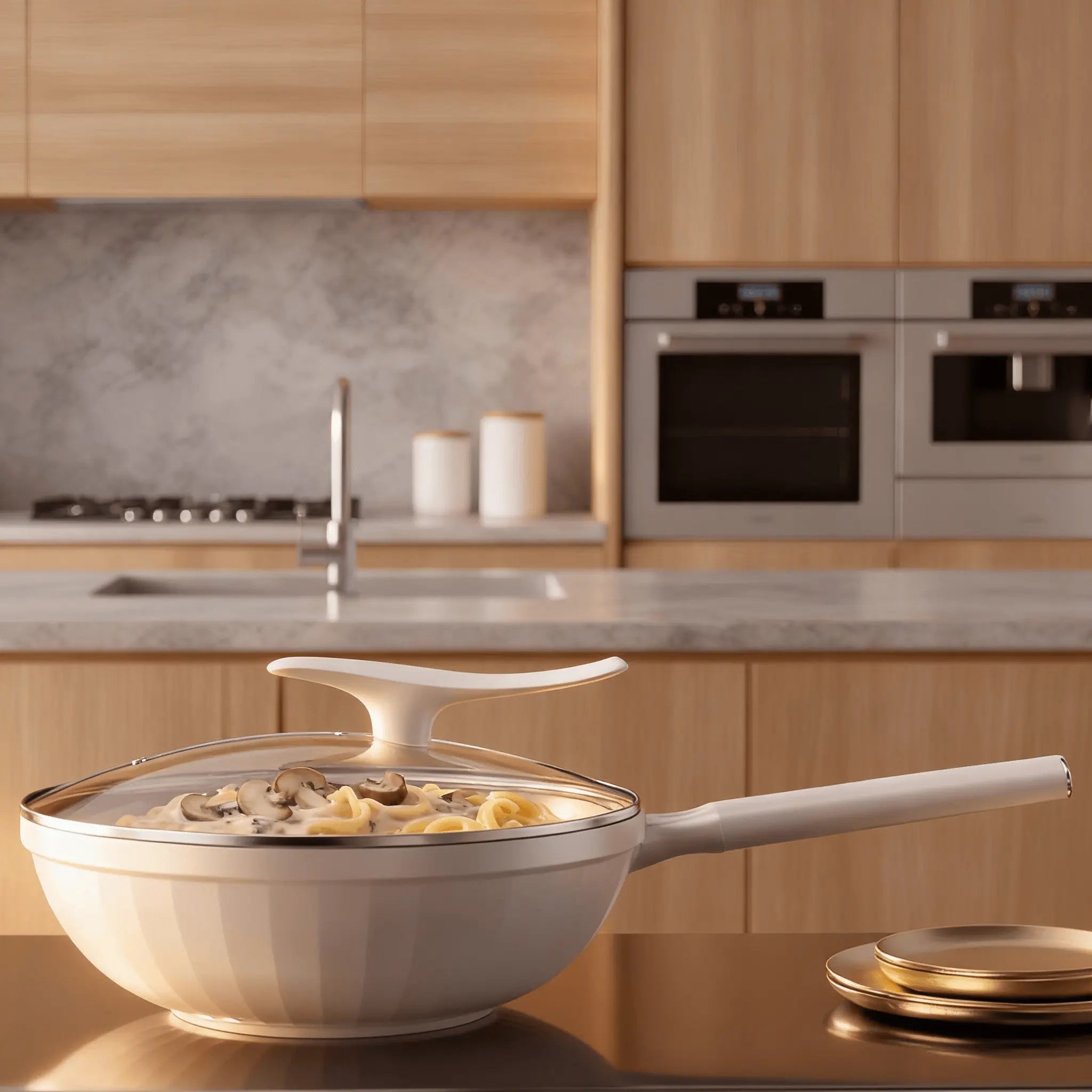 Aigrezzo titanium wok cooking pasta in a modern kitchen, durable lightweight titanium cookware for healthy everyday cooking