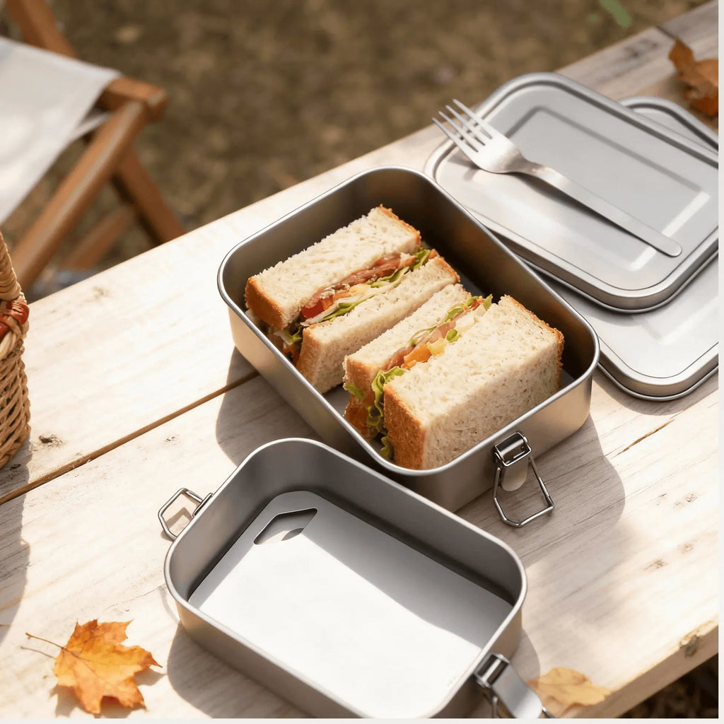 Aigrezzo titanium portable sealed lunch box with fresh sandwiches on a wooden picnic table, featuring lightweight non-toxic design for outdoor meals