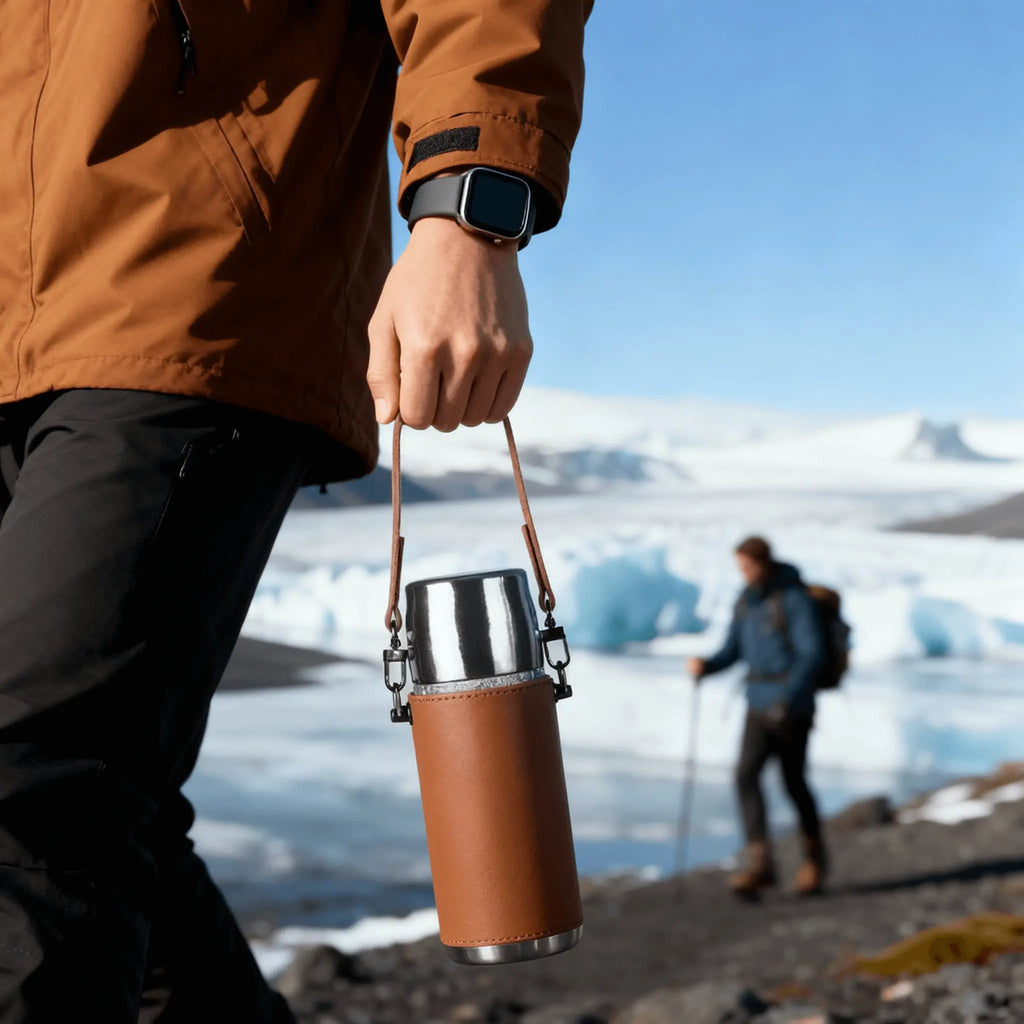Aigrezzo titanium outdoor insulated water bottle with leather strap held by a hiker in a cold mountain and glacier landscape, non-toxic and sturdy designed for extreme-weather adventures.