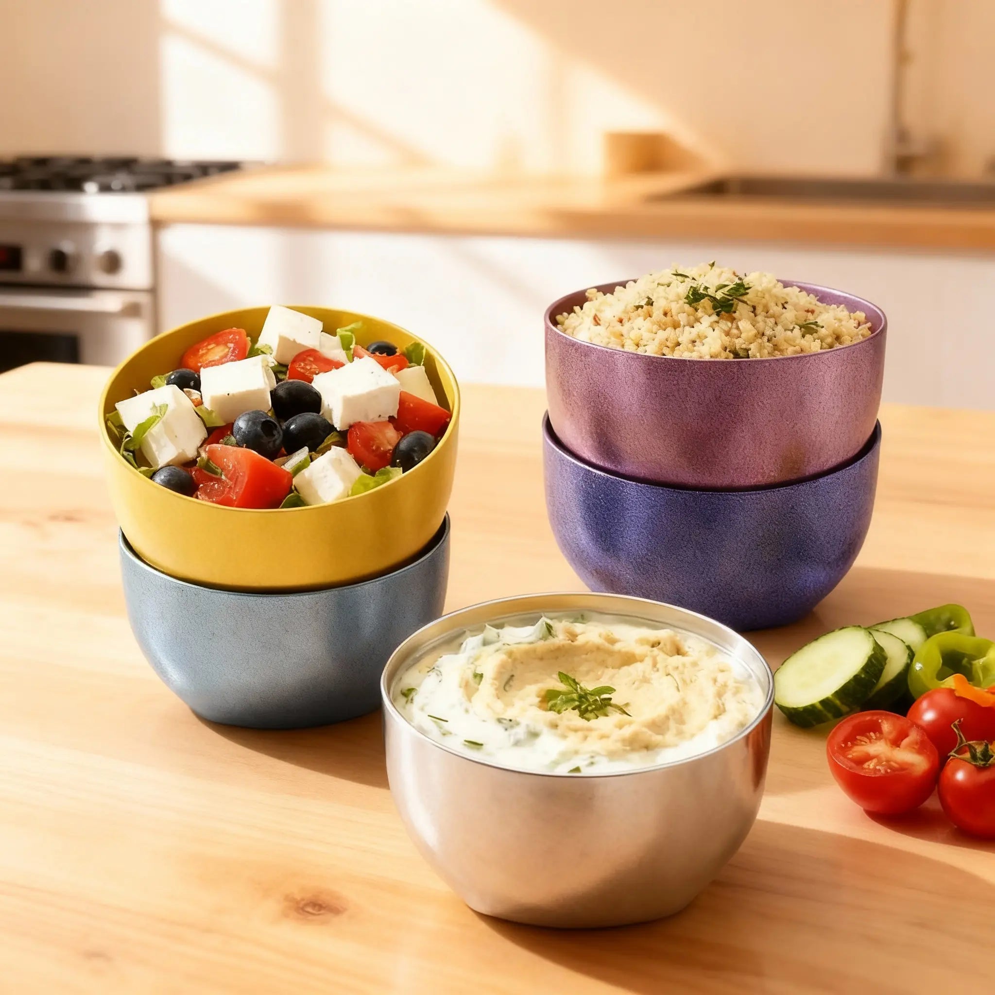Set of Aigrezzo titanium bowls with anodized colors, filling different food on a wooden surface, emphasizing non-toxic lightweight design