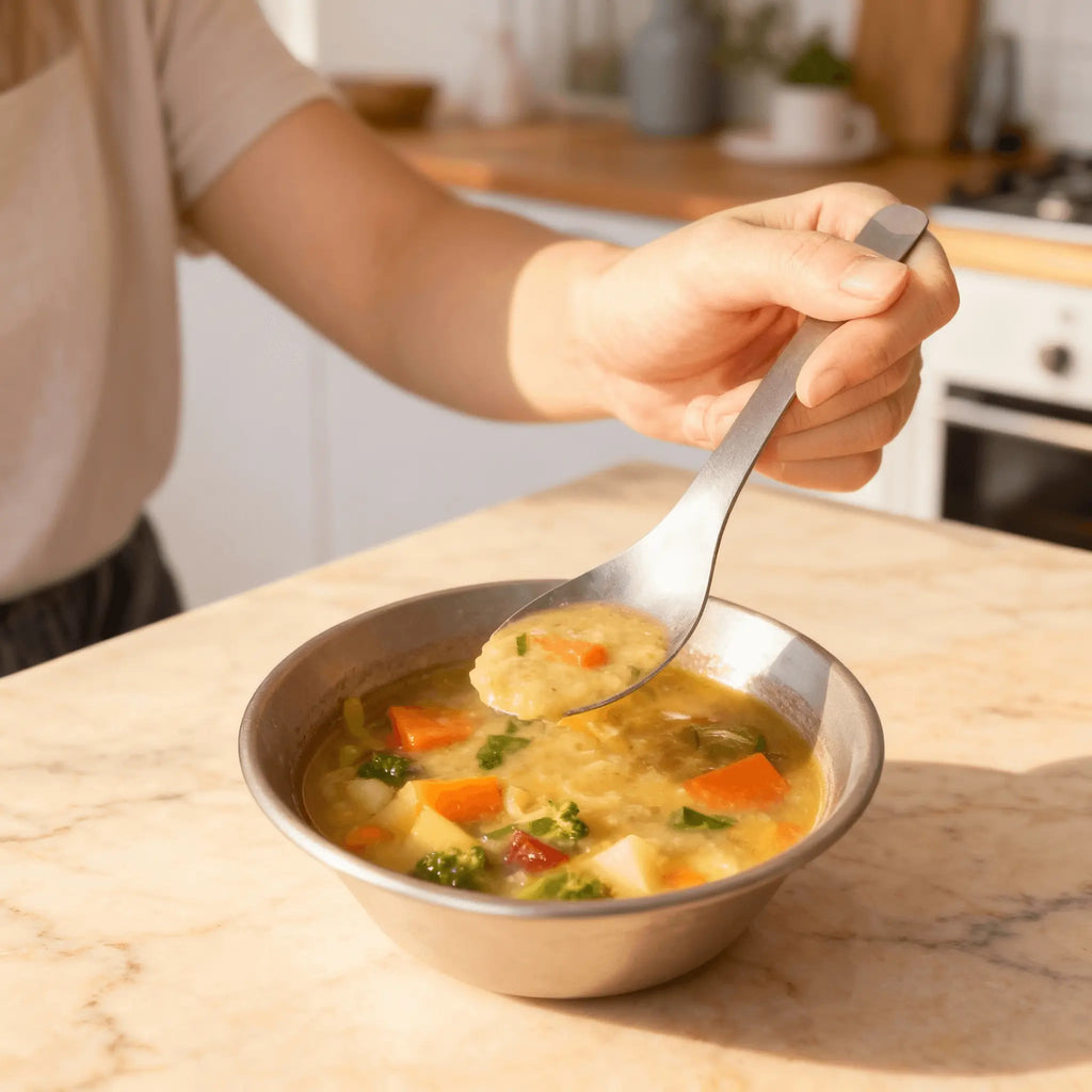 Aigrezzo titanium spoon lifting warm vegetable soup in a bright kitchen, showcasing lightweight non-toxic design